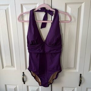 Lands End Purple Halter Top Open Back One Piece Bathing Suit Womens Size 10